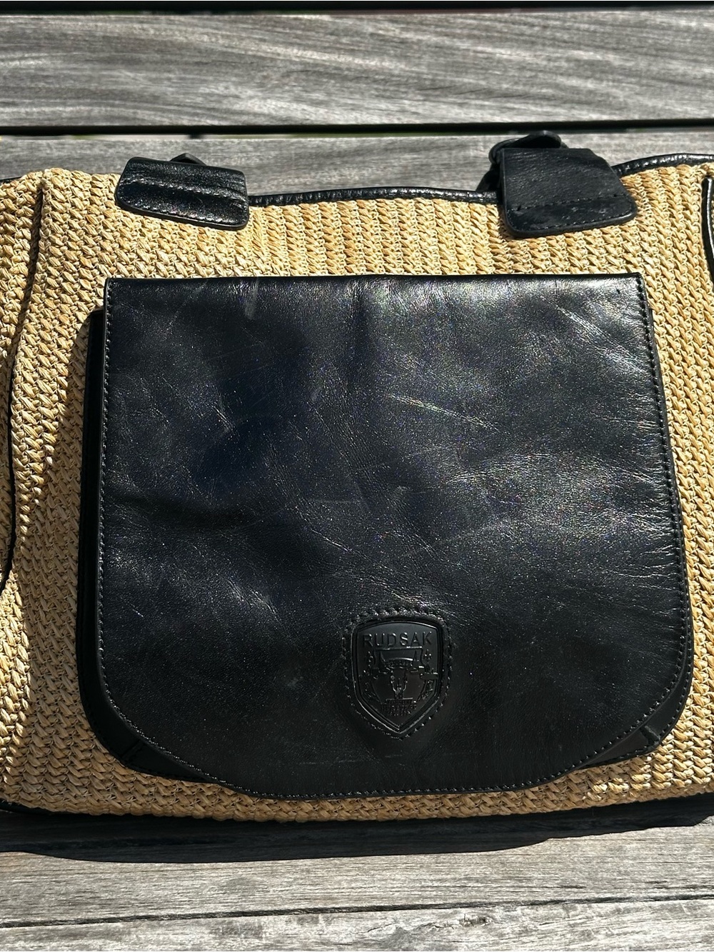 RUDSAK Straw Woven Leather Trim Tote Bag Black Flap Pocket Shoulder Purse - Picture 3 of 12